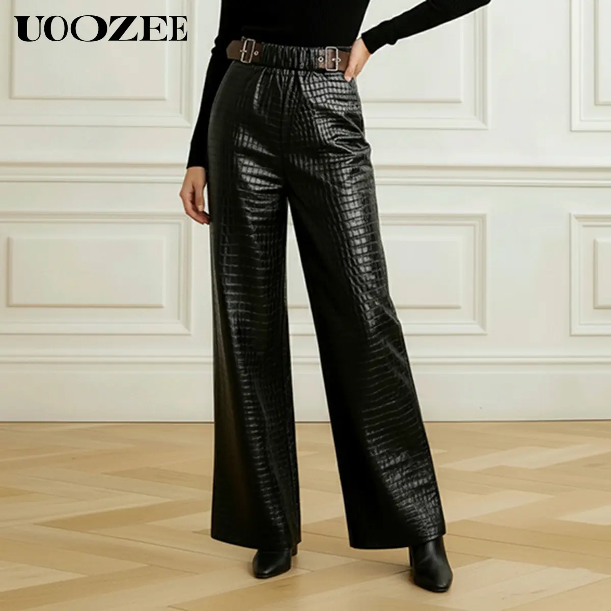UOOZEE Women's Elegant Crocodile-Print High-Waisted Wide-Leg PU Leather Bottoms - Elastic Waist, Included Belt, Street Style | Complementary Earrings, Shirt, Camisole for Cocktails, Oversized, Graphic, Strappy, Chunky, Glossy, Metallic, Everyday, Fitted,,