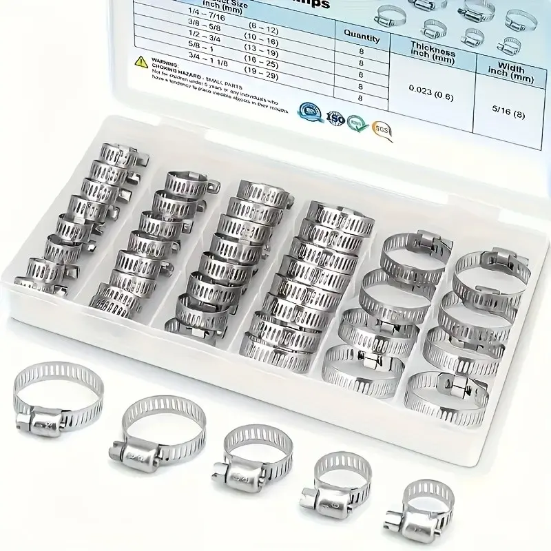 20-Piece Stainless Steel Hose Clamp Set, Adjustable Worm Gear Range 1/4'' - 1-1/8'' (6-29mm), Durable Metal Clamps for Pipes & Fuel Lines, Secure Hose Connections, Pipe Fittings