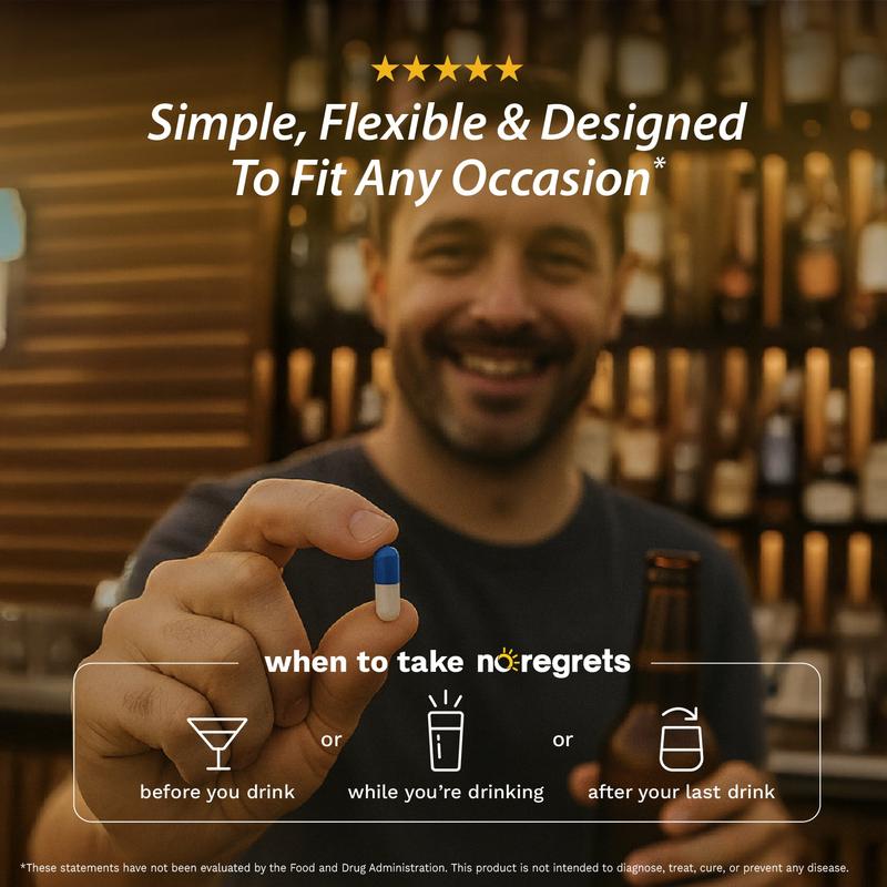 No Regrets — Night-Out Recovery Capsules (4-Capsule Packets) Embrace Tonight. Enjoy Tomorrow.