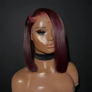 Dark 99J Colored 180 Density Straight BOB Wig Human Hair Wig 13X4 Lace Frontal Wig Dark Burgundy Colored Pre Plucked for Women Big Lace Wigs