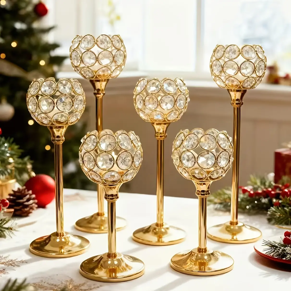 6pcs Crystal Tealight Candle Holders, Seasonal Candle Holders Perfect for Wedding, Christmas, Halloween, Thanksgiving, Valentine'S Day Decor, Home Table Centerpieces, Romantic Candlelight Dinner Decorations, Candles Not Included