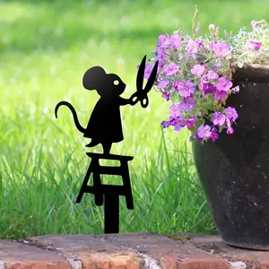 Country Style Metal Mouse Silhouette Garden Marker, Scissors Design, Iron Lawn Decor, Outdoor Christmas Animal Sculpture, Durable Statue Weatherproof