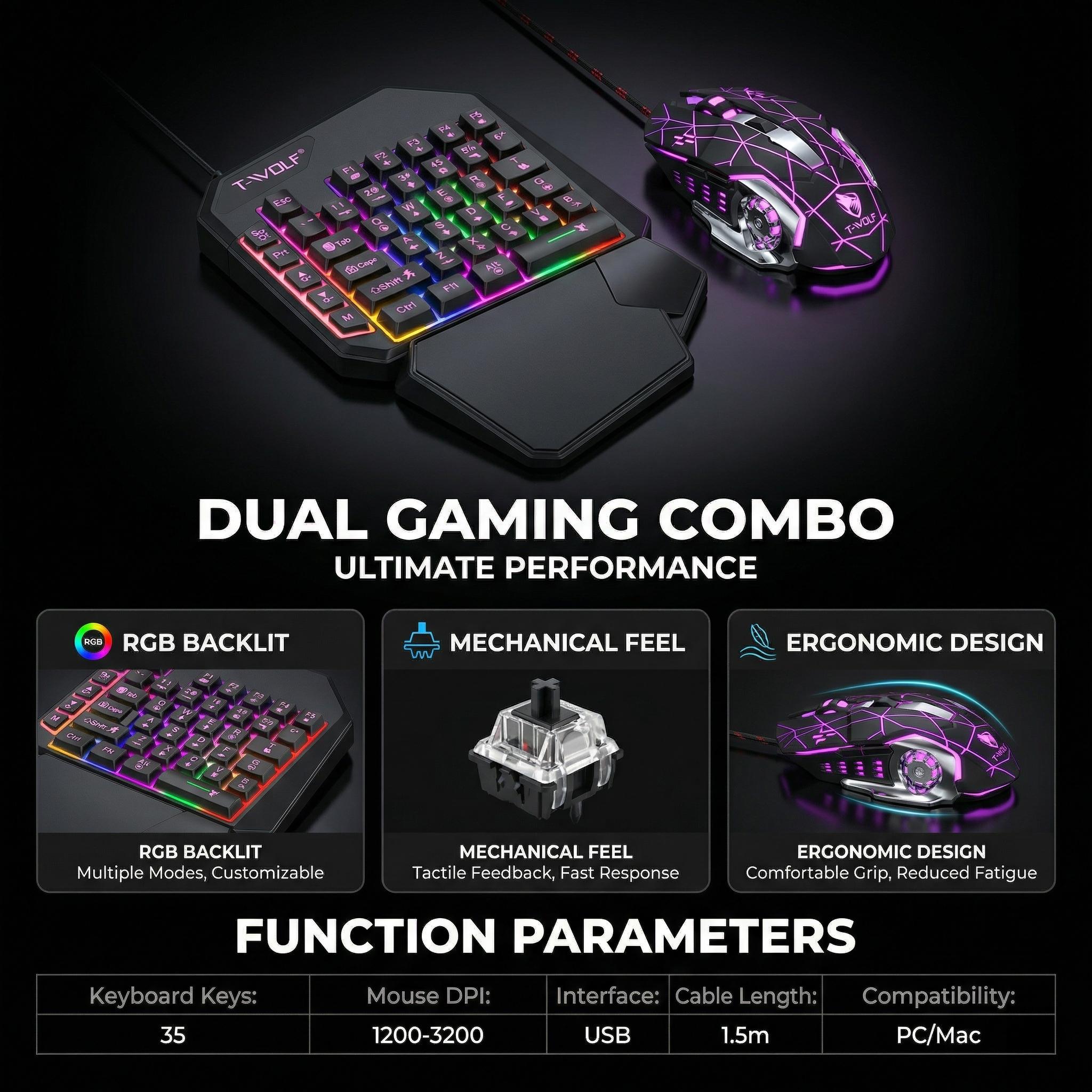 Single-Handed Gaming Keyboard and Mouse Set - 40 Keys Mechanical Feel Mini Keypad with Rainbow Backlight & Ergonomic Wrist Rest - 6 Keys Gamer Mouse 3200DPI for PC, Laptop, FPS Games