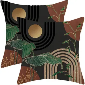 Boho Pillow  Set of 2 Gold Green Tropical Leaf Brown Mid Century Throw Pillow Covers Summer Bohemian Grey Pillow Cases Outdoor Decor for Living Room Bedroom Linen Square Cushion