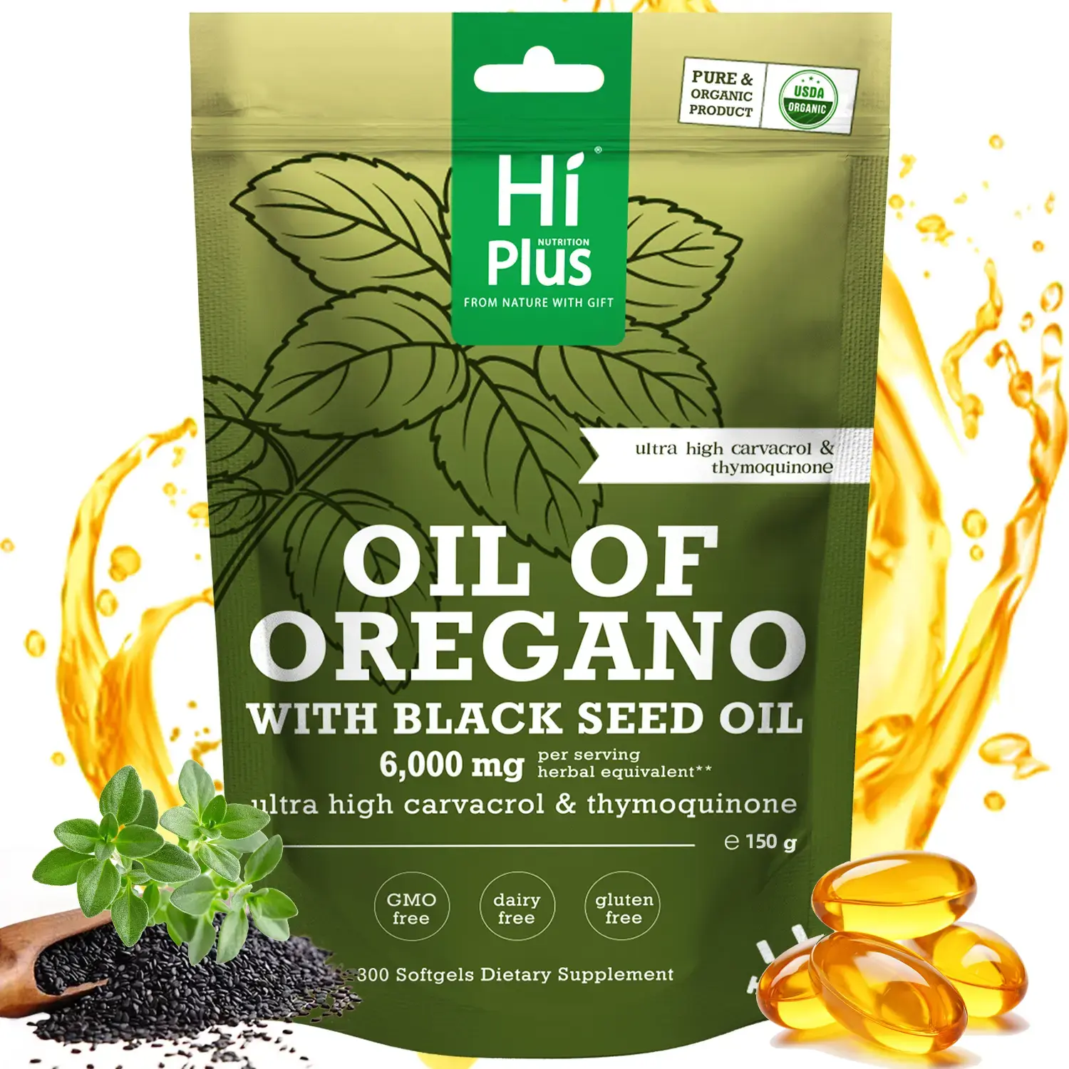 with Black Seed  Softgels | Immune Support,Antioxidant Boost | with Black Seed  & High Carvacrol | Non-GMO, Plant-Based | 300 Count hiplus oregano oil