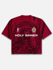 Holy Sinner Blokecore Mesh Jersey T-shirt (Red Edition) Football V-Neck Retro Summer Trendy Baseball Jersey Shirt Gift For Him Gift For Her Birthday, Baseball Jersey Outfit, AOP Merch, Outfit for Baseball Shirt Fan