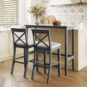 Farmhouse 48"Rectangular Wood Bar Height Dining Set Kitchen Breakfast Nook with 2 Chairs for Small Places,Gray Beige WL