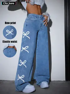 Women's Y2K Sweet Cool Punk Streetwear Style Bow Print Button Denim Jeans Wide Leg Pants, Loose Fit for All Body Types, Perfect for Music Festivals and Casual Womenswear