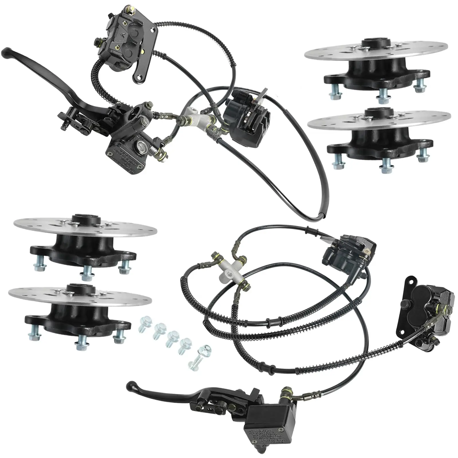 Front & Rear Hydraulic Brake Caliper Assembly Kit with Wheel Hubs & Brake Disc Rotors – 4 Stud 23T Spline Hubs, 180mm Rotors, Fits 4 Wheel Drive ATV Quad Go Kart Drift Trike Buggy 4 Wheeler Golf Cart