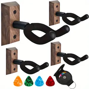 Guitar Wall Mount 2 Pack Hardwood U-Shaped Holder for Acoustic & Bass Guitars Rotatable Soft Hook Easy Install Black Walnut with Guitar Picks Case