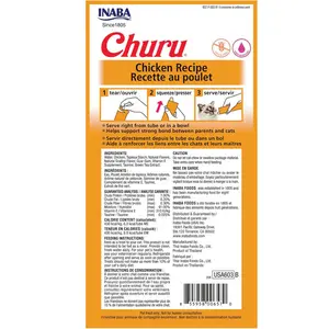 INABA Churu Cat Treats, Grain-Free, Lickable, Squeezable Creamy Purée Cat Treat/Topper with Vitamin E & Taurine, 0.5 Ounces Each Tube, 24 Tubes (4 per Pack), Chicken Recipe