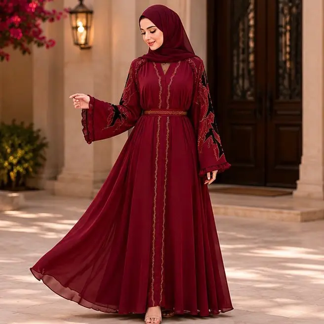 Women's Dubai Luxury 1-Piece Abaya with Matching Hijab and Belt