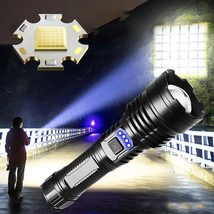 XHP360 LED Flashlight, USB Rechargeable Flashlight with Telescopic Zoom, Durable Aluminum Alloy Design Flashlight for Camping & Emergency