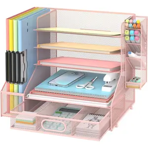 Mesh Desk Organizer, 5-Tier Paper Letter Tray with File Holder & Pen Holder & Sliding Drawer, Desktop Organizer and Storage for Desk Accessories Office Supplies, Pink