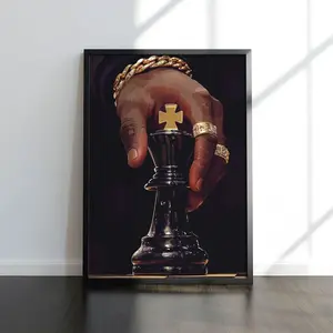 Chess King Black Art Poster, Minimalist Black Man Print, Black Hand with Chess Figure Art, Dorm Game Room Decor, Black Men Art