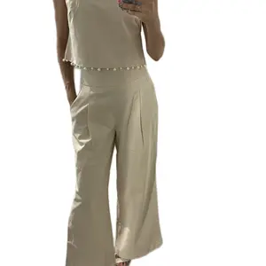 Women's Two Piece Linen Set with Pearl Accents - Perfect for Any Occasion Breathable Comfort