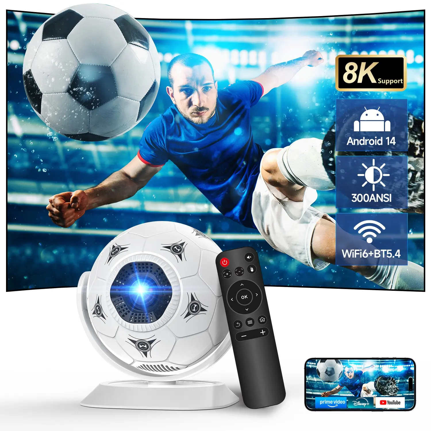 HY300F Projector 300ANSI Lumens 8K Decode Android 14.0 Fully Auto Keystone Dual WiFi6 BT5.4 180° Rotation Allwinner H726 0.9:1 Throw Ratio Wireless Portable Home Cinema, Audio, The Perfect Football Fan Gift #SummerWins #DealsForYouDays