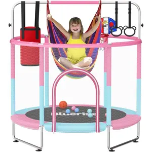 60" Trampoline for  5FT  Trampolines Indoor/Outdoor with Adjustable Gymnastics Bar & Safety Net, No-Gap Design, Anti-Rollover Bottom, Basketball Hoop, Gifts for Boys & Girls