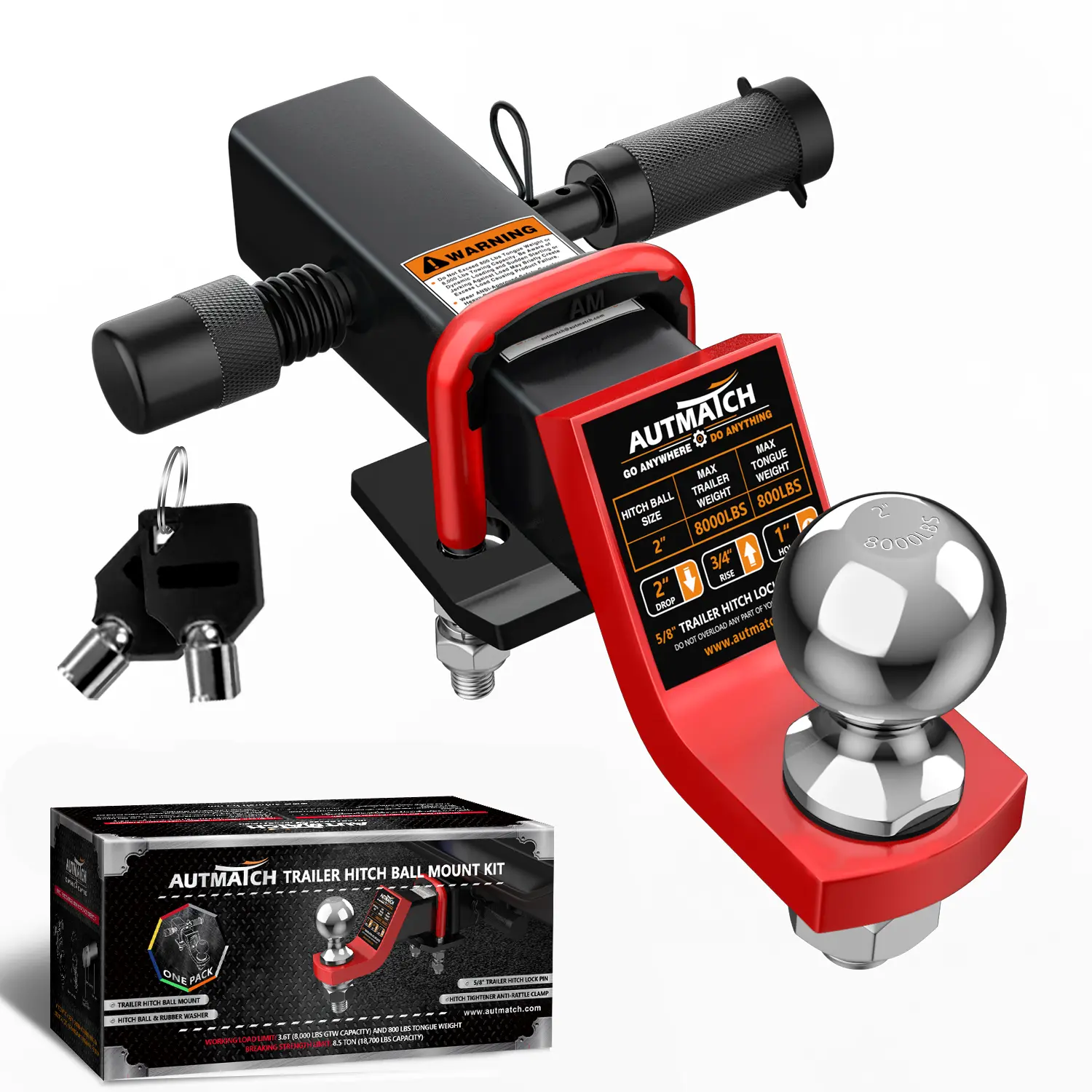 AUTMATCH Trailer Hitch Ball Mount with 2 Inch Hitch Ball, Fits 2 Inch Receiver with Hitch Tightener, 8000Lbs Capacity Ball Hitch, 2-Inch Drop with 5/8" Hitch Lock Pin