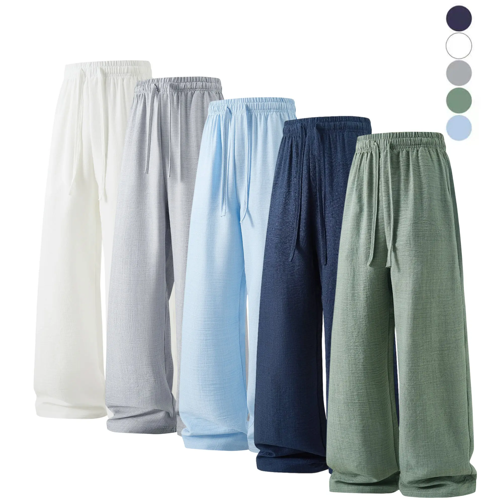 Men’s summer lightweight wide-leg pants with elastic drawstring, high waist, drapey loose straight fit, breathable, versatile casual long trousers