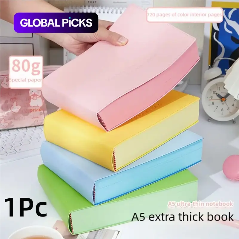 A5 Super Thick Dopamine Notebook, 4.5cm Thick 720 Pages, Soft PU Leather Cover 80 GSM Colored Pages with White Ribbon Bookmark, for Journal Study Daily Diary Travel Journaling Healing #GLOBAL PICKS