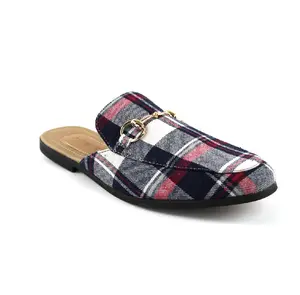 Men's Slip On Backless Loafers Plaid Blue With Gold Buckle Shoes Casual Fashion Footwear AZARMAN