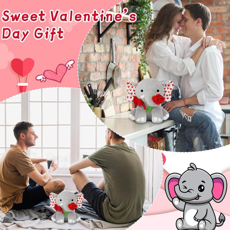 Valentine's Day Plush Elephant with Rose, 8in Valentine's Day Elephant Stuffed Animal,Valentine's Day Gift for Girlfriend,Elephant Plush for Valentine's Day Home Decorations