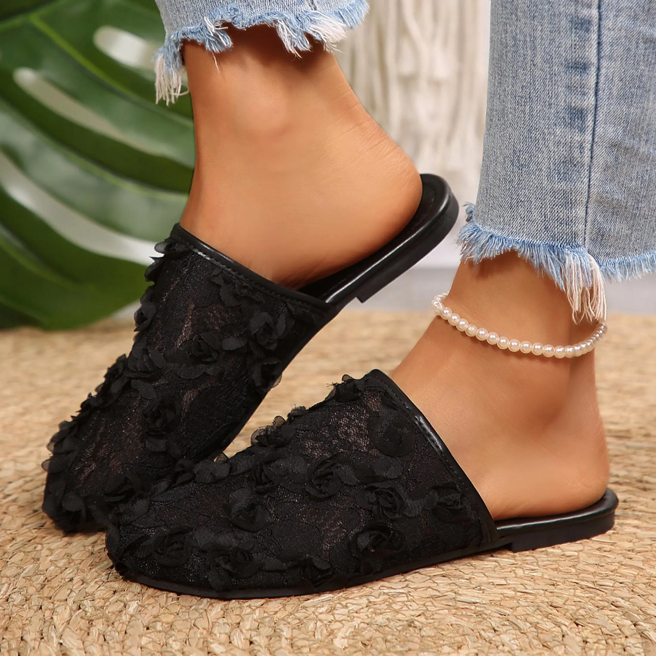 Women's Lace Slippers Floral Flat Mules, Backless Slip On Casual Shoes for Summer Daily Wear