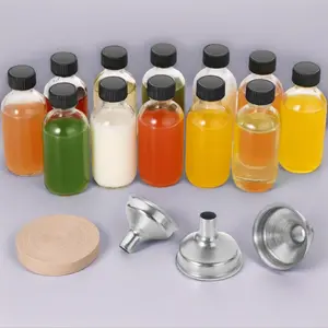 12 Pack, 2 oz Small Clear Glass Bottles w/Lid & 3 Funnels - 60ml Boston Shot Bottles for Health, Immunity, Potion, Wellness, Sample, Ginger, Juice - Mini Personal Care & Beauty Travel Bottle
