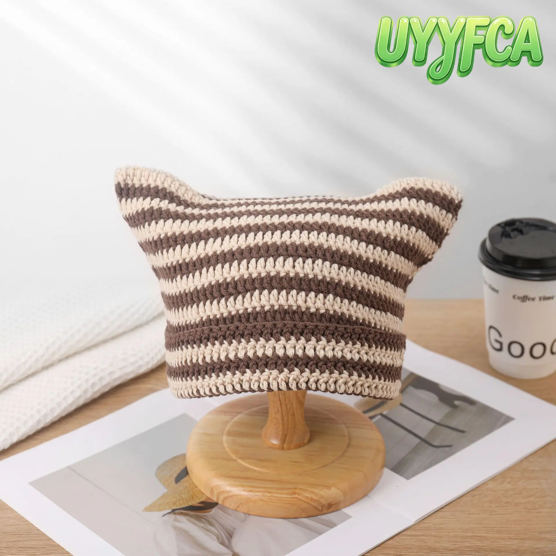 UYYFCA Unisex Devil Cat Ear Crochet Beanie - Striped Knit Winter Hat, 3D Cat Ears, Soft Stretchy Handmade, Machine Washable for Streetwear, Outdoor Use, Stretch, Handmade Craft, All Seasons, Female,back to school,back to school haul