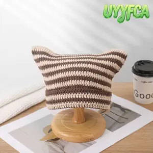 UYYFCA Unisex Devil Cat Ear Crochet Beanie - Striped Knit Winter Hat with 3D Cat Ears, Soft Stretchy Handmade, Machine Washable for Streetwear, Outdoor Use
