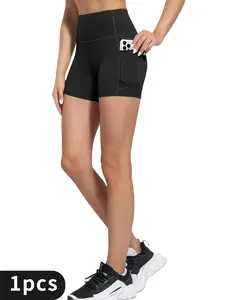 1PCS Women's high-waists shorts with pockets, solid color and side portable pockets, convenient, yoga and running sportswear