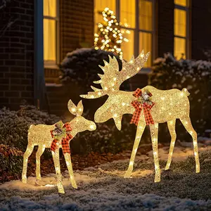 2- Piece Large Lighted Christmas Deer Decoration, 3D Christmas Reindeers Family Set with 125 Warm Color LED Lights, Outdoor Yard Decoration with Stakes, Cable, Gold & Red Bow