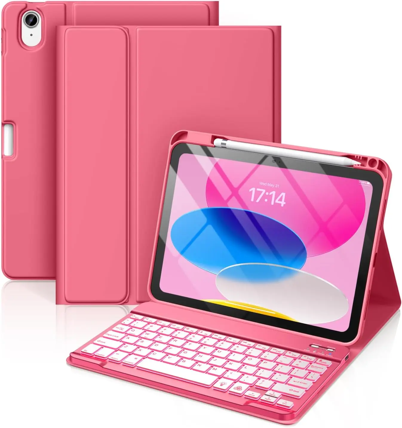 Hamile for iPad A16 11th 10th Generation Case with Keyboard - Wireless | Backlit Detachable Folio Keyboard Cover, Pencil Holder, for iPad A16 11-inch 2025 10th Generation 10.9 Inch 2022, Pink