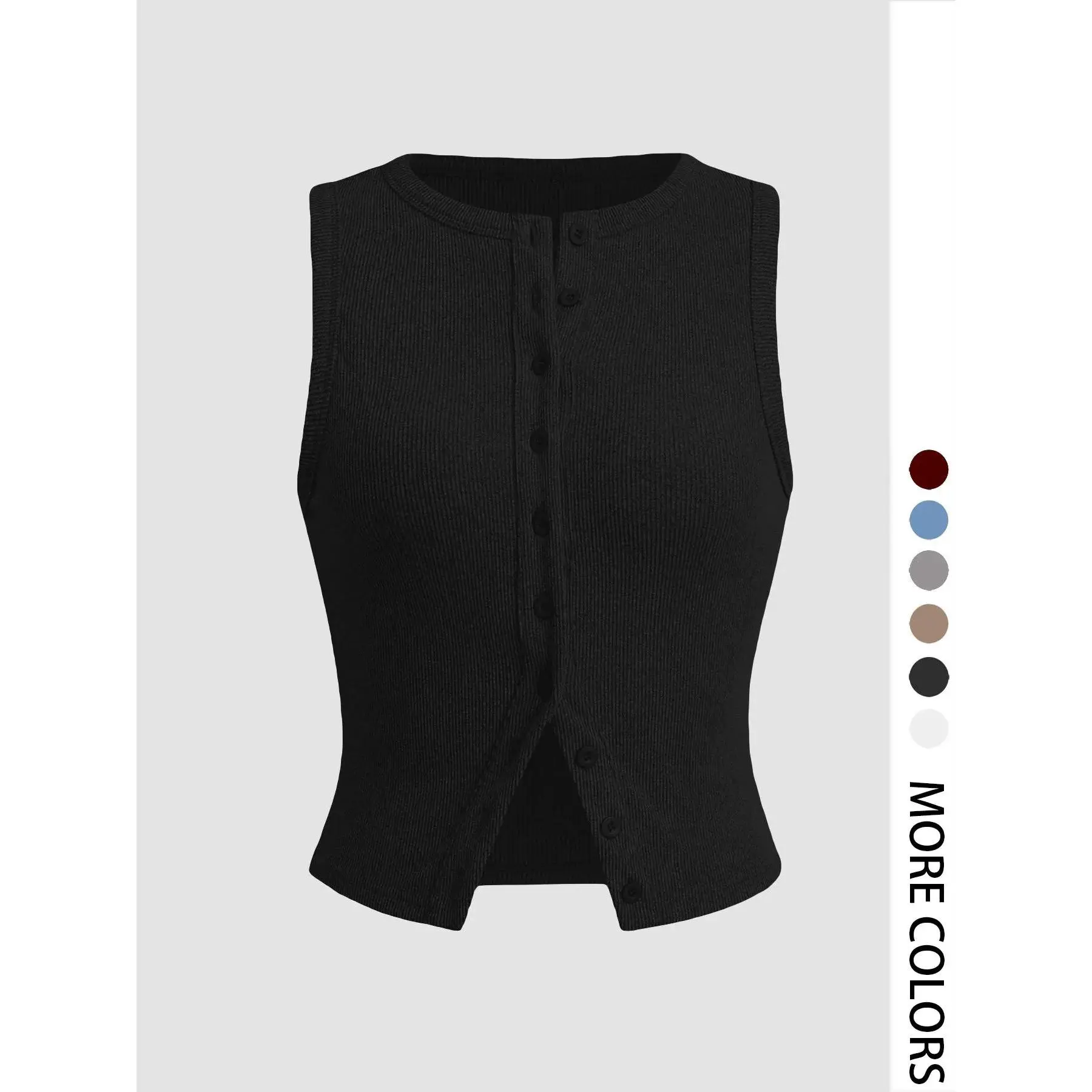 Summervibes Women's Plain Button Front Ribbed Crop Tank Top, Casual Sleeveless Round Neck Top for Daily Wear, Ladies Clothes for All Seasons