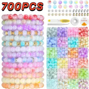 700pcs Jewellery Making Glass Beads, 24 Colours 8mm Glass Beads Friendship Bracelet DIY Earrings Making Kit Necklace with Spacer Beads Ring