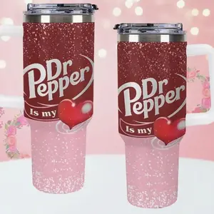 Dr Pepper Design 40oz Tumbler, Stainless Steel Cup with Handle, Straw and Lid, Insulated Large-Capacity Drinkware for Men and Women, Perfect for Home, Office, and Valentine's Day gift - Quick Delivery
