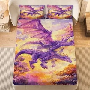 3Pcs Purple Dragon Fantasy Mythical Fitted Sheet Three Piece Set (1*Fitted Sheet+2*Pillowcases, Coreless), Fantasy theme, Dragon Bedding Set, Mattress protector Soft, Breathable