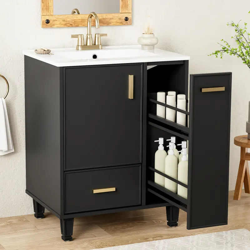 24" Bathroom Vanity with Sink, Bathroom Cabinet with Door Shelf, Deep Drawer, 2-Tier Pull-Out Basket, Solid Wood Frame and MDF Board, One Package, Black