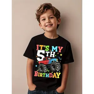 5-Year-Old Boy's 5th Birthday Monster Truck T-Shirt - White Short Sleeve Top with "It's My 5th Birthday" Text, Red Truck & Confetti Print - Soft Stretchy Party Outfit for 5th Birthday Party Celebration (Machine Washable) - ' Summer casual holiday edgy