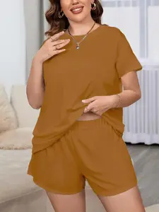 【Plus Size】 Two-Piece Set Solid Tee & Shorts Set, Casual Short Sleeve T-shirt & Shorts, Women's Two-piece Outfits for Summer
