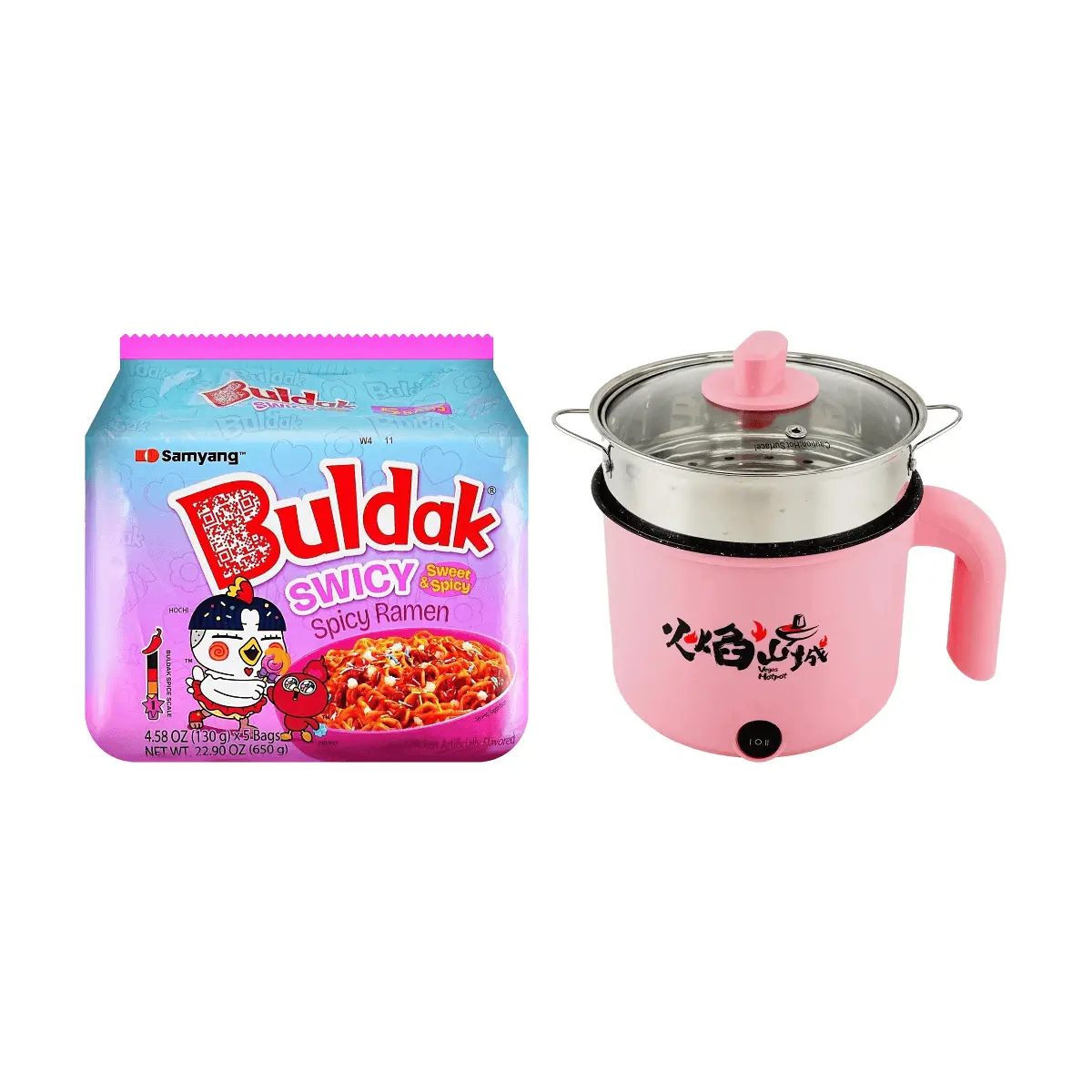 Samyang Buldak Ramen Sweet & Spicy Flavor 130g + Fire Pot Single Serving Electric Hot Pot with Steamer 18cm - Korean Spicy Noodle Combo Pack