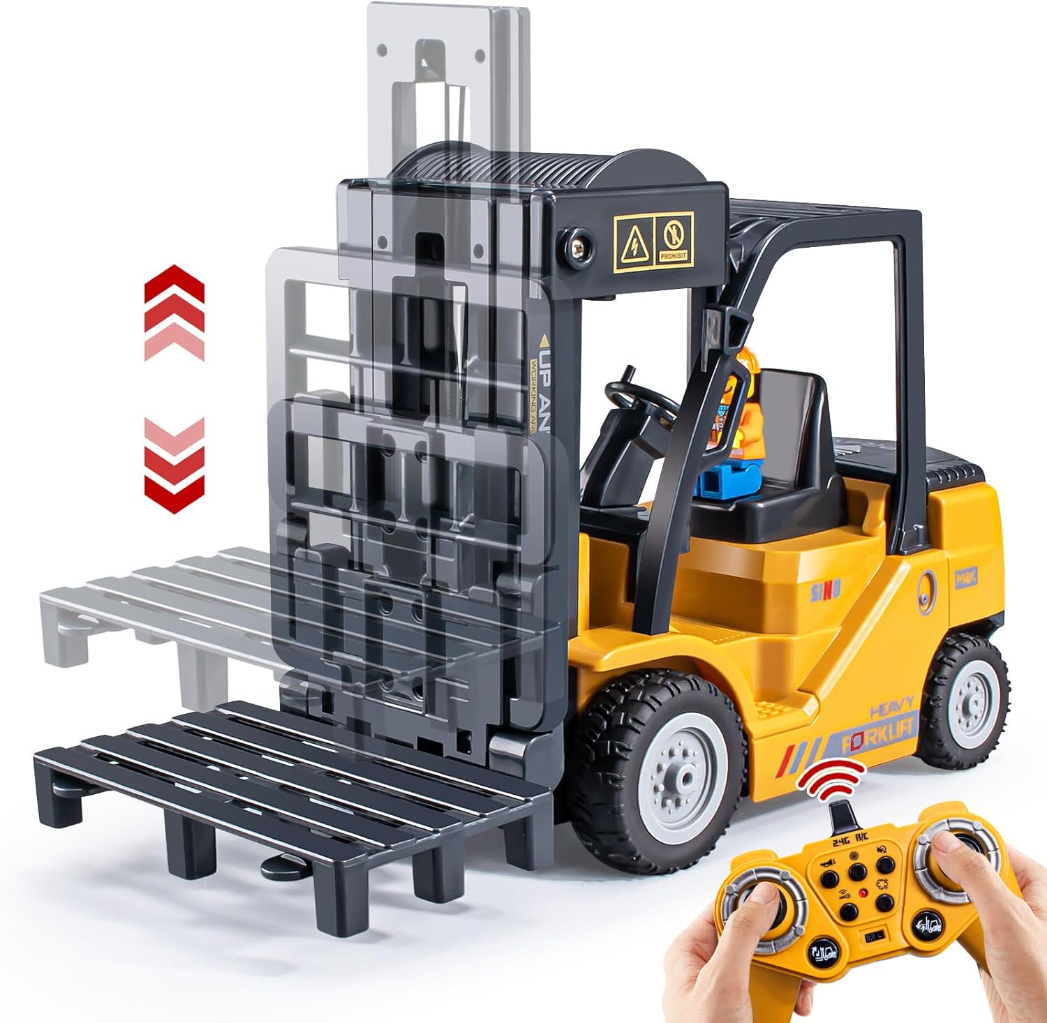 Remote Control Forklift 11 Channel Rc Forklift Cranes Construction Toys, w/Boxes/Sound and Light Spray, Two Rechargeable Batteries, Kids Forklift Toy Christmas & Birthday Gifts