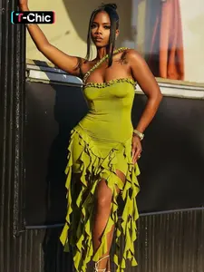 Women's Plain Frill Ruffle Trim Halter Bodycon Dress, Fashion Casual Sleeveless Mini Frill Ruffle Hem Dress for Party Club Dating Wear, Ladies Summer Clothes