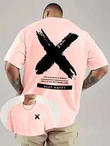 Men's Summer Pattern T-Shirt, Letter X Double-Sided Print, Casual Round Neck, Lightweight Polyester Blend, Comfortable Fit, Ideal for Leisure Wear