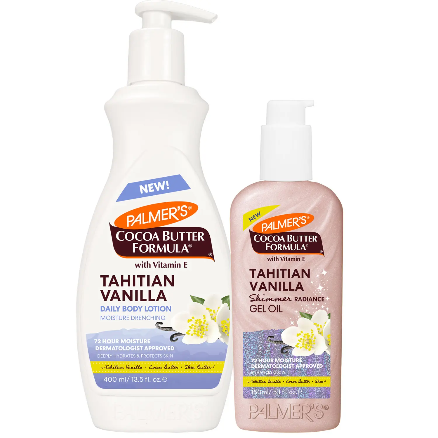 Palmer's Cocoa Butter Tahitian Vanilla Glow Duo including the Shimmer Radiance Gel Oil and Tahitian Vanilla Body Lotion for moisture drenched skin