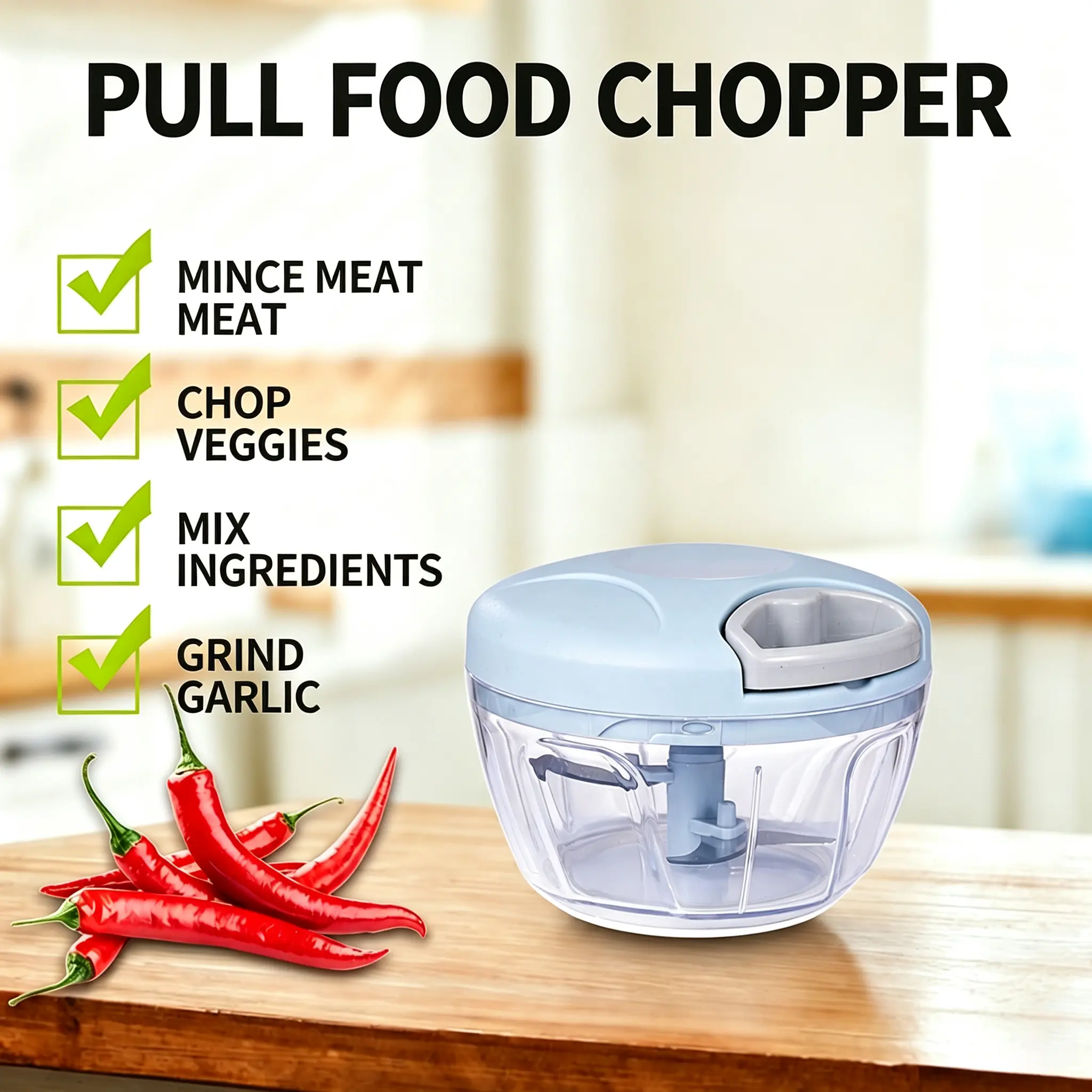 Manual Pull Food Chopper, Multifunctional Hand Held Vegetable Mincer, Portable Mini Garlic Onion Meat Grinder for Kitchen