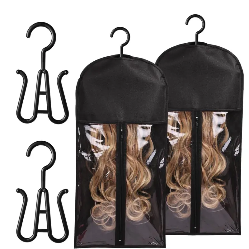 Wig Storage Bag with Hook, 2pcs High Quality Zipper Transparent Wig Storage Hanger, Dustproof Wig Storage Tool for Salon & Home Use