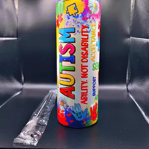 Autism 20 oz Skinny Stainless Steel Tumbler - Ability Not Disability Acceptance Support Message Design Bottle Drinkware Water Bottles Cup Portable Washable Reusable Set Straw