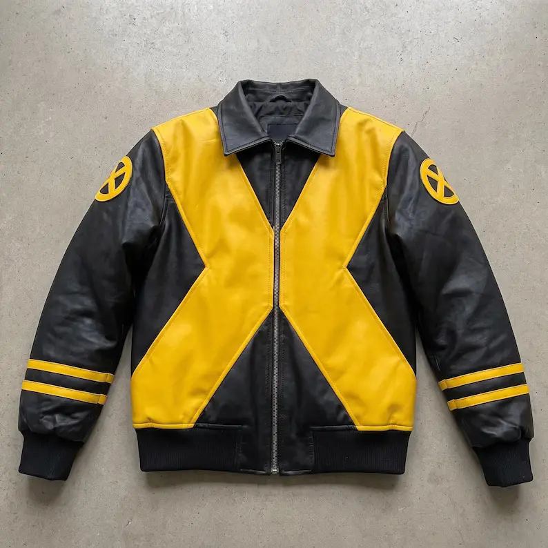 Men's Stylish Faux Leather Bomber Jacket - Handmade X-Men 97 Yellow-Black Wolverine-Inspired Zipper Windbreaker, Unisex Comic Cosplay Tops & Coats Outerwear